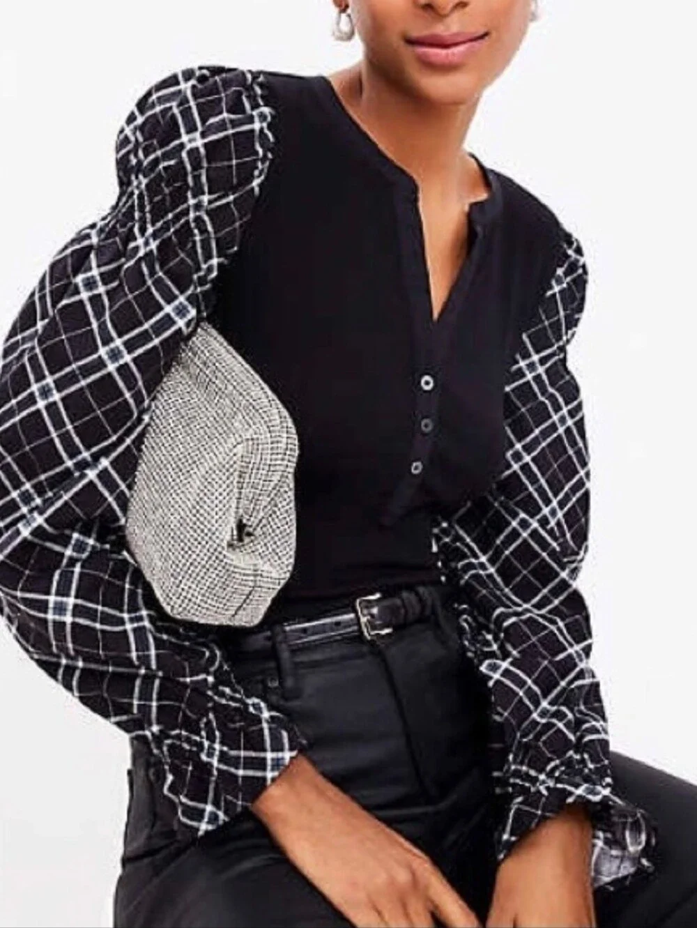 LOFT Black Henley with White Grid Puff Sleeves